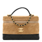 Suede Calfskin Shiny Lambskin Quilted Top Handle Slim Vanity Case With Chain Beige Black