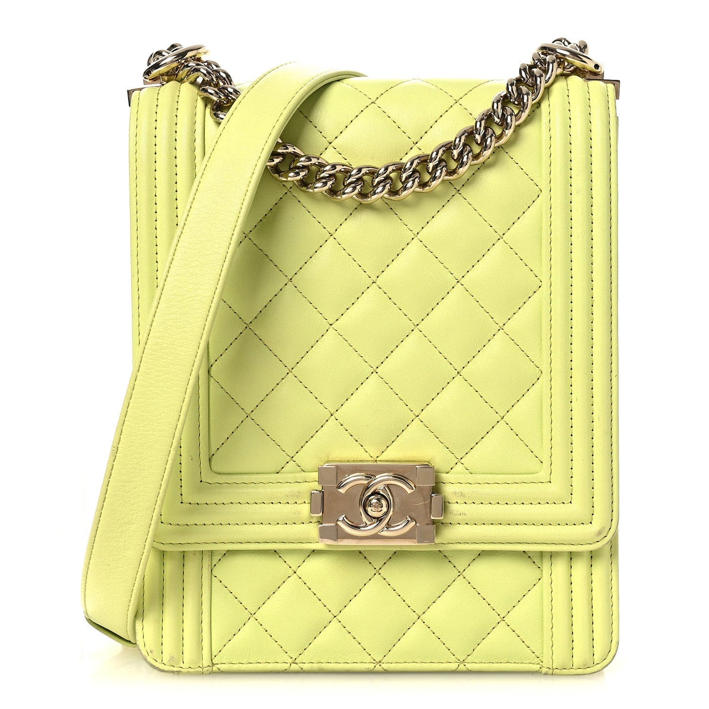 Calfskin Quilted North South Boy Flap Light Green