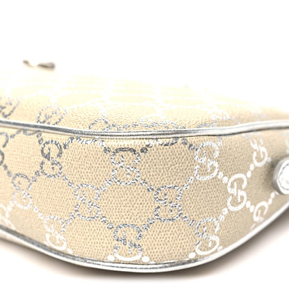 GG Supreme Monogram Metallic Calfskin Small Emblem Shoulder Bag Beige Silver