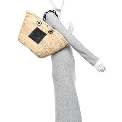 Raffia Calfskin Medium Chain Basket Tote Bag Natural Black
