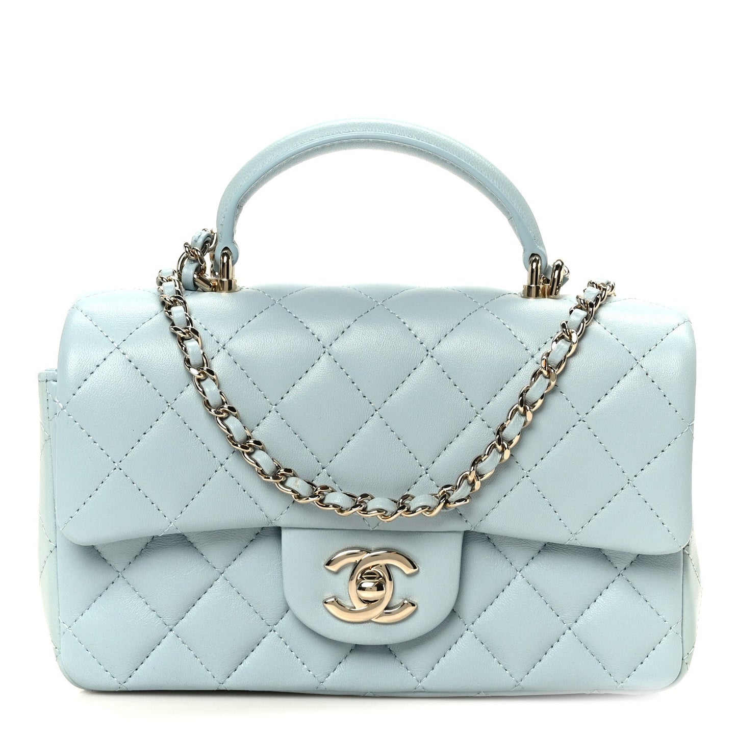 Lambskin Quilted Mini Top Handle Rectangular Flap Light Blue