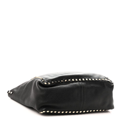 Grained Calfskin Medium Rockstud Reversible Tote Black Rose Violet