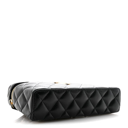 Lambskin Quilted Crystal Ridged CC Top Handle Slim Vanity Case With Chain Black