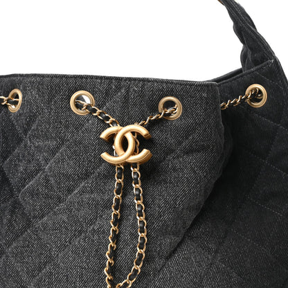 Washed Denim Quilted Medium Chanel 25 Handbag Black