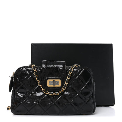 Glazed Crinkled Lambskin Small Reissue Zip Shopping Tote Black