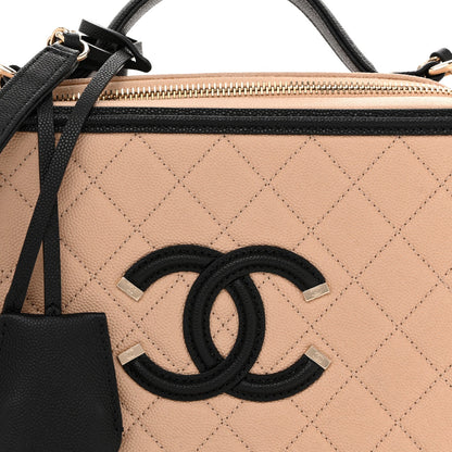 Caviar Quilted Large CC Filigree Vanity Case Beige Black