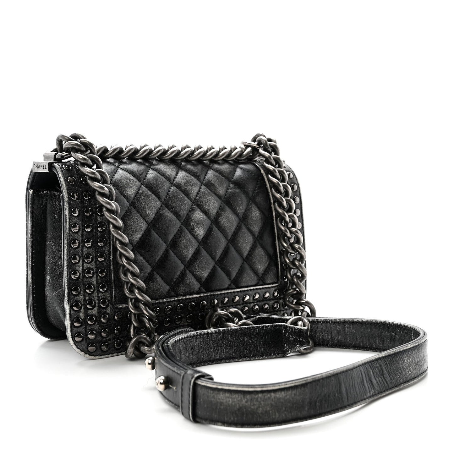 Faded Calfskin Quilted Small Studded Boy Flap Grey