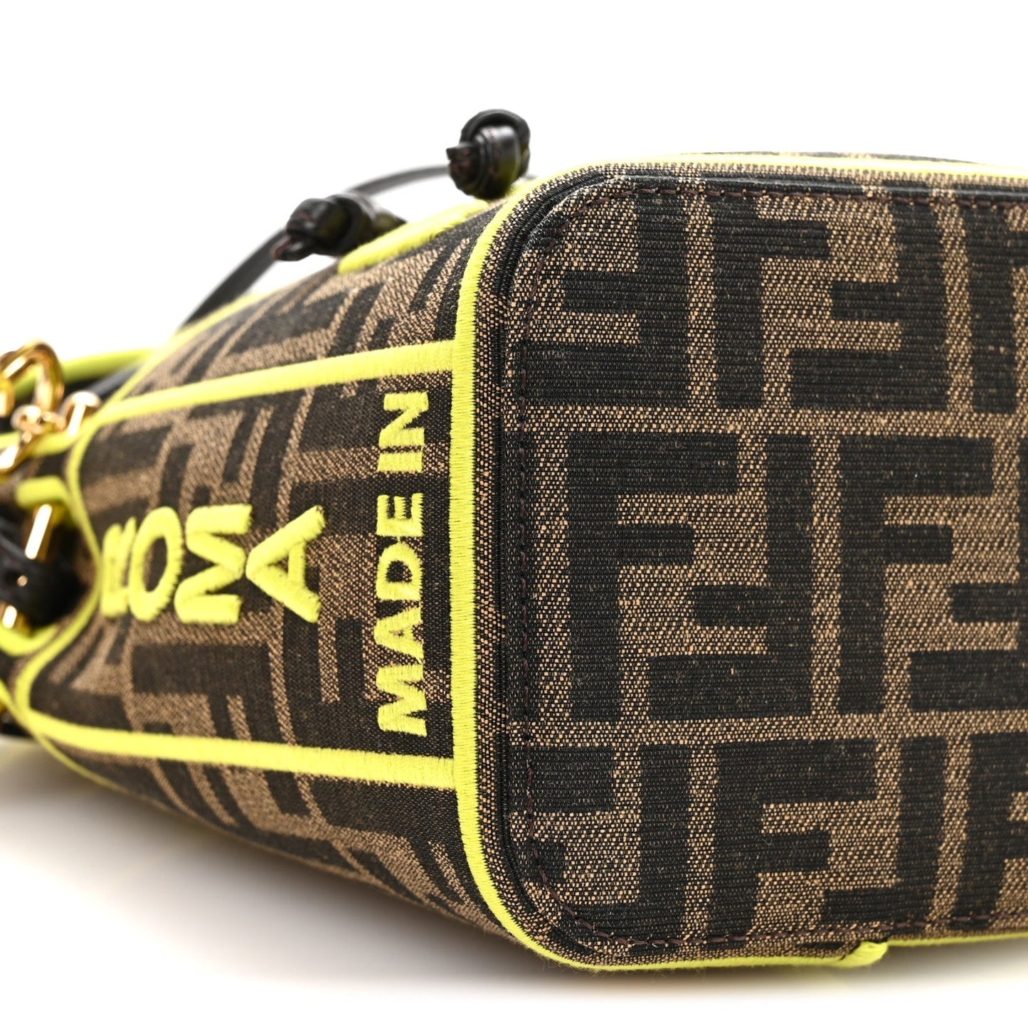 Fabric Jacquard Shiny Nappa FF 1974 Logo Threaded Edge Mini Mon Tresor Bucket Bag Tobacco Moro Giallo Fluo
