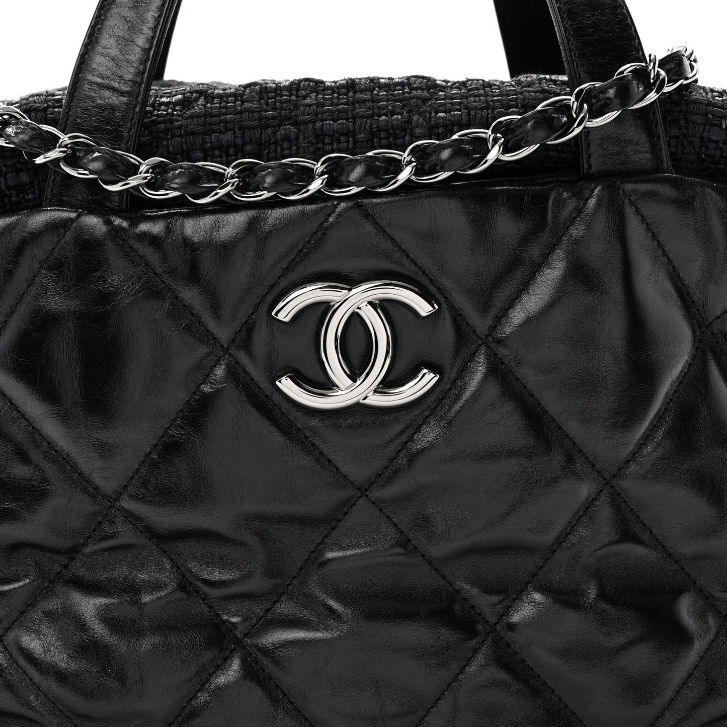 Glazed Calfskin Quilted Tweed Portobello Tote Black