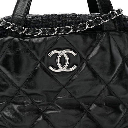 Glazed Calfskin Quilted Tweed Portobello Tote Black