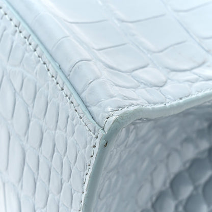 Shiny Calfskin Crocodile Embossed Small Hourglass Top Handle Bag Blue Grey