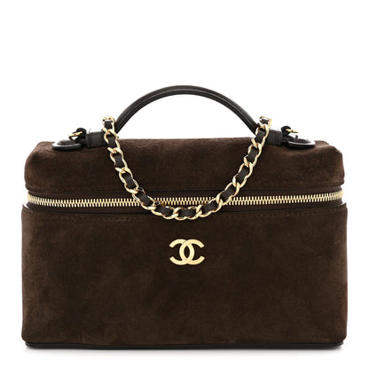 Suede Calfskin Top Handle Trapeze Small Vanity Case With Chain Dark Brown