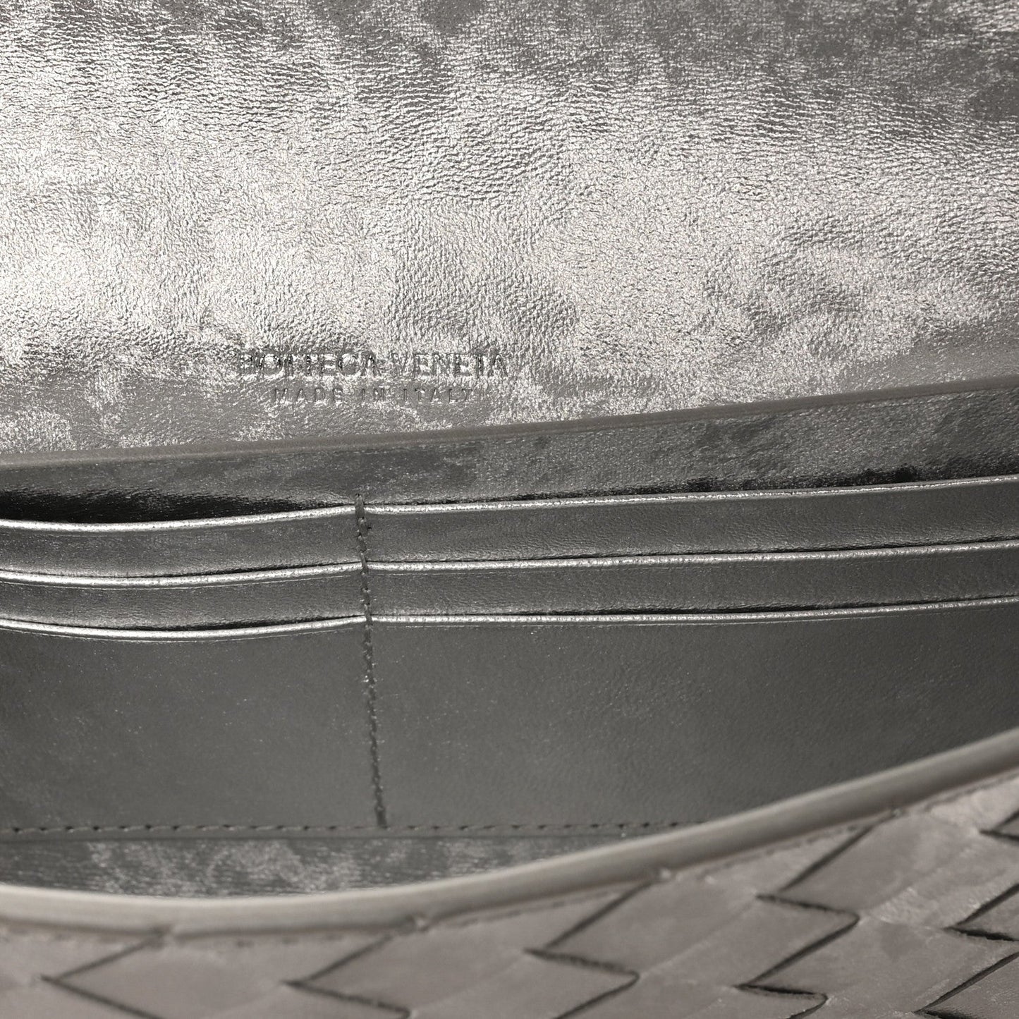 Metallic Lambskin Intrecciato Long Andiamo Top Handle Clutch Silver