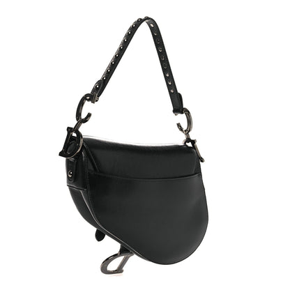 Shiny Crinkled Calfskin Studded Saddle Bag Black