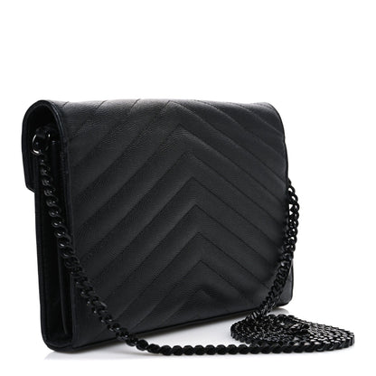 Grain De Poudre Matelasse Chevron Monogram Monochrome Envelope Chain Wallet Black