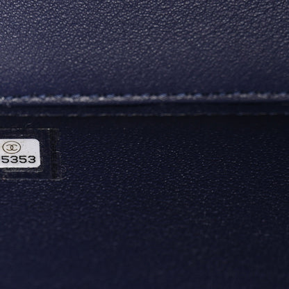 Caviar Quilted Small Top Handle Vanity Case With Chain Navy Blue