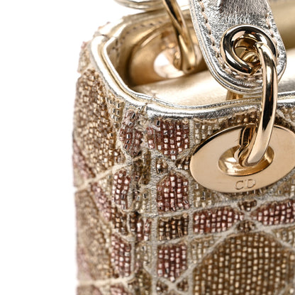 Metallic Lambskin Cannage Beaded Embroidered Micro Lady Dior Gold