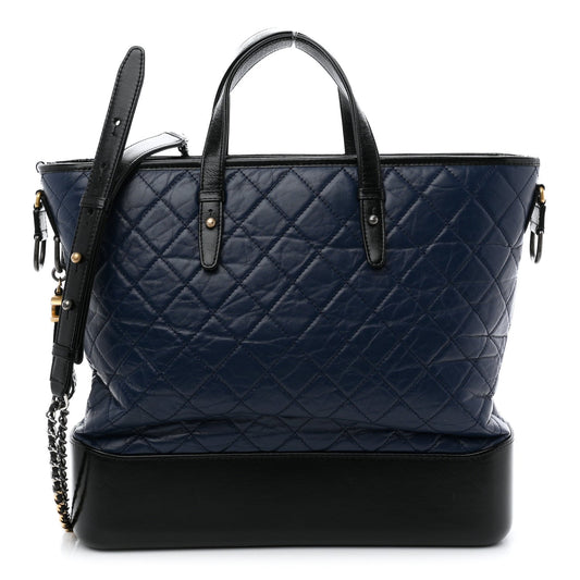 Aged Calfskin Quilted Large Gabrielle Shopping Tote Navy Black