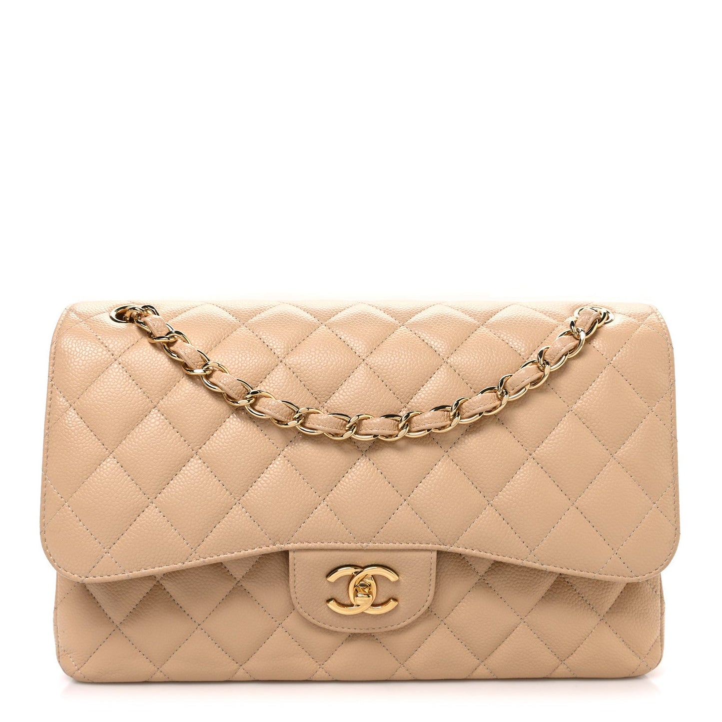 Caviar Quilted Jumbo Double Flap Beige