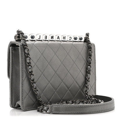 Metallic Goatskin Quilted Small Chic Pearls Flap Silver