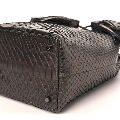 Metallic Snakeskin Small Double Tassel Bucket Bag Silver