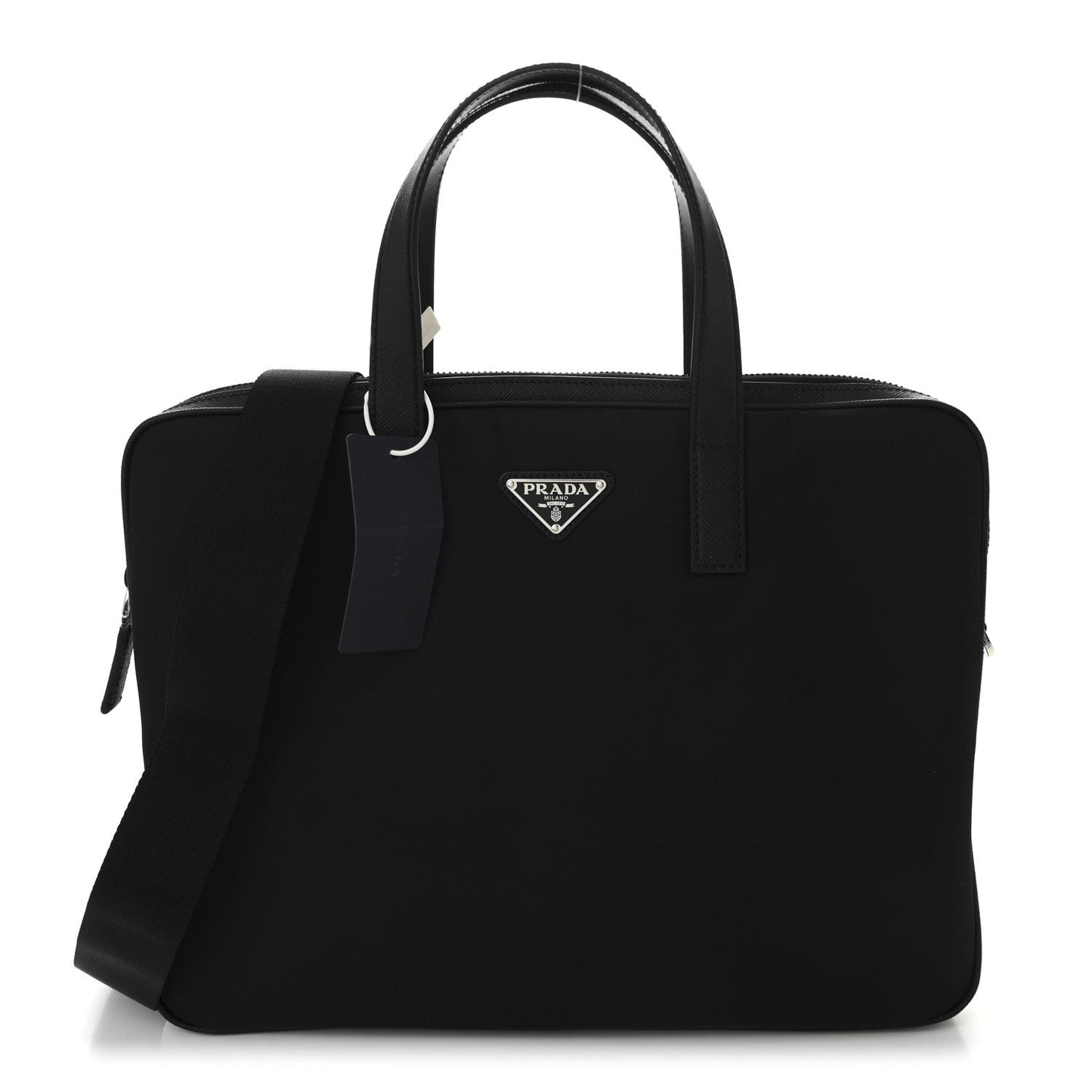 Re-Nylon Saffiano Metal Triangle Logo Briefcase Black