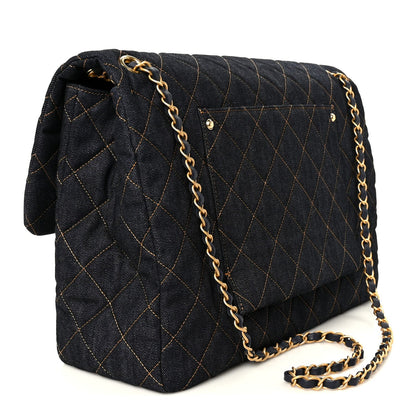 Denim Quilted XXL Travel Flap Bag Dark Blue Orange