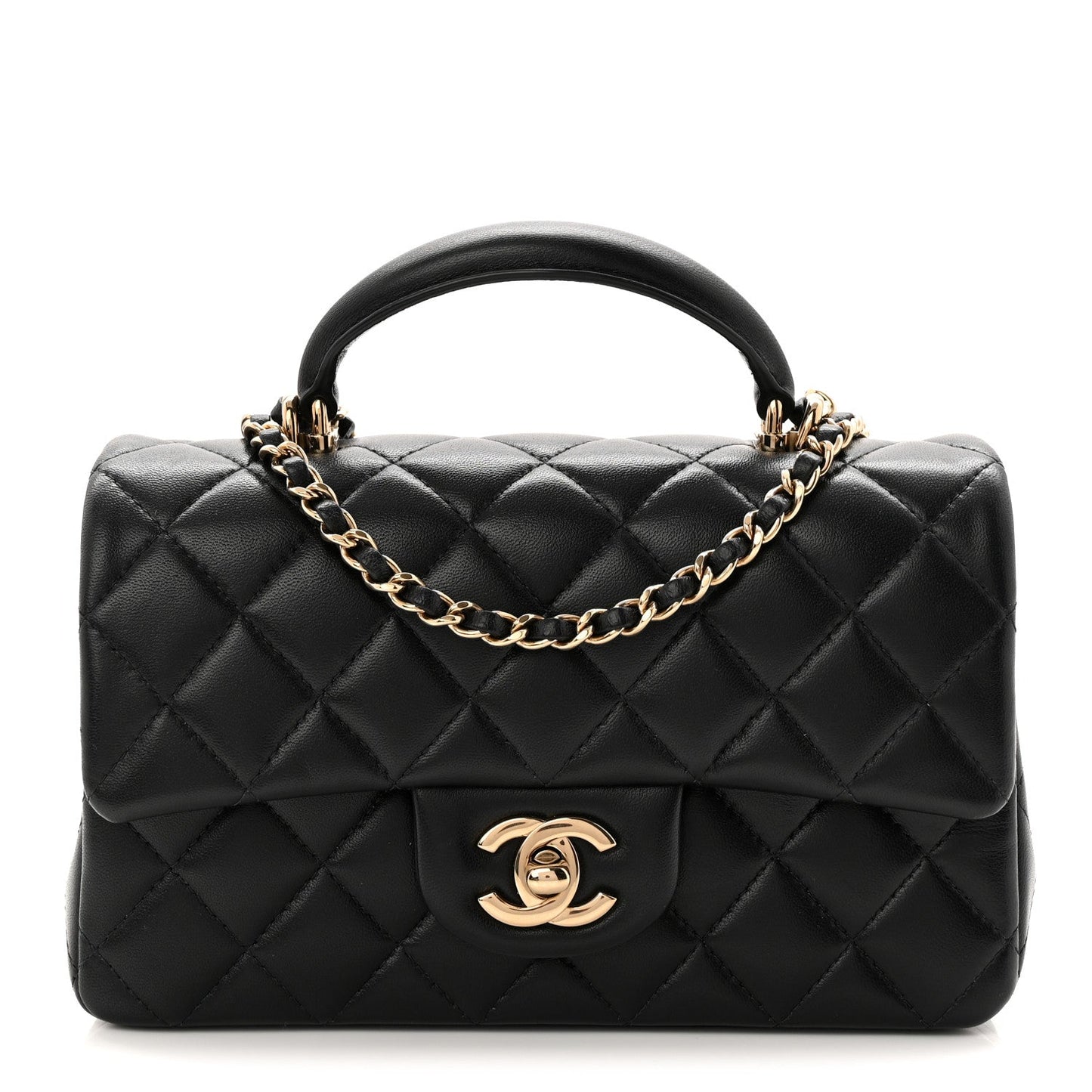 Lambskin Quilted Mini Top Handle Rectangular Flap Black