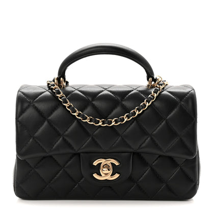 Lambskin Quilted Mini Top Handle Rectangular Flap Black