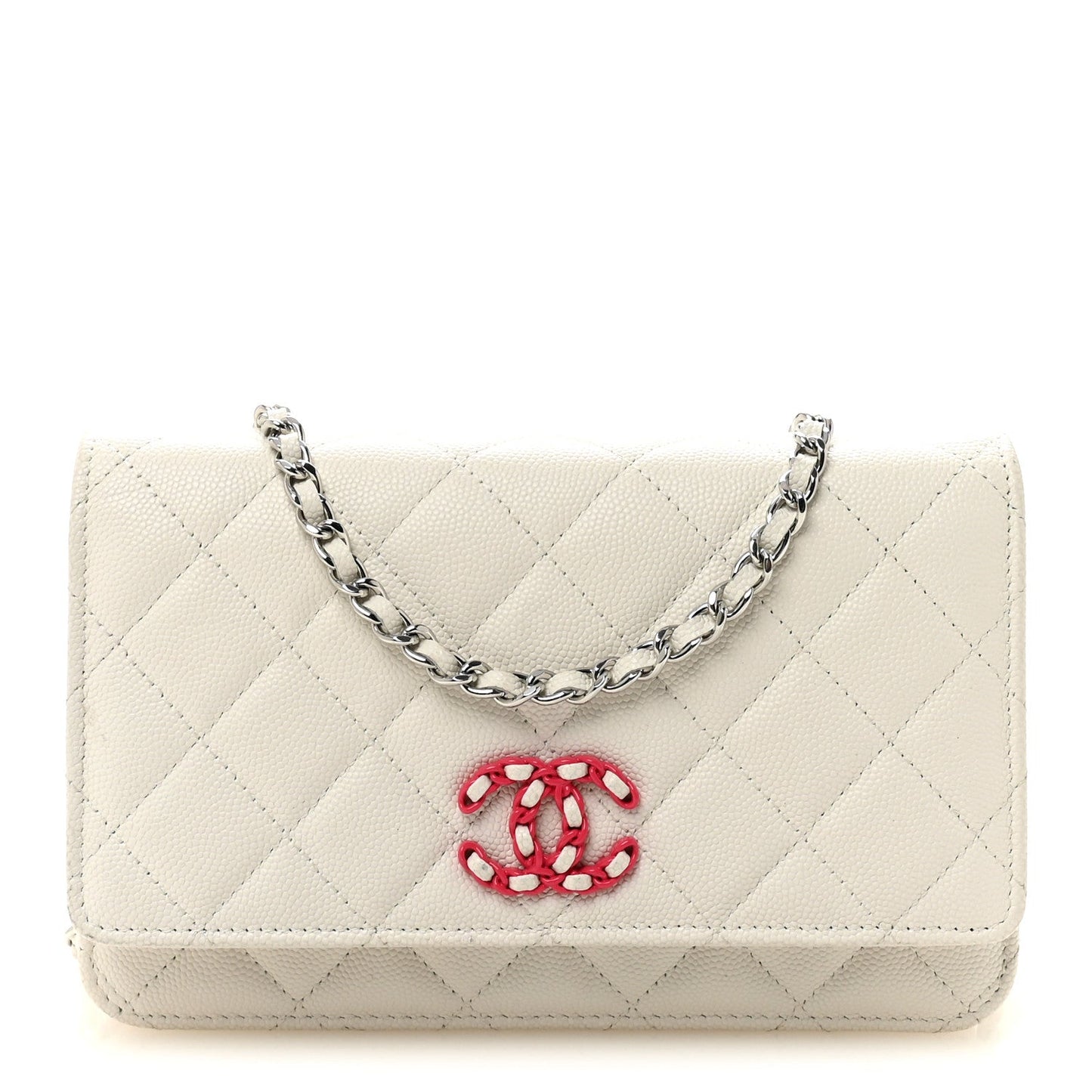 Caviar Quilted Chanel 19 Wallet On Chain WOC White Pink