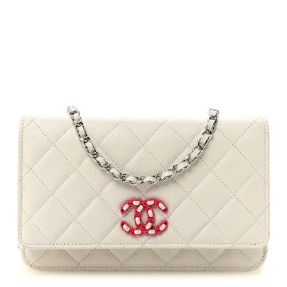 Caviar Quilted Chanel 19 Wallet On Chain WOC White Pink