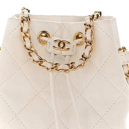 Metal Lambskin Quilted Small Chain Bucket Bag White