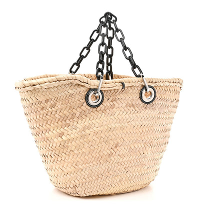 Raffia Calfskin Medium Chain Basket Tote Bag Natural Black