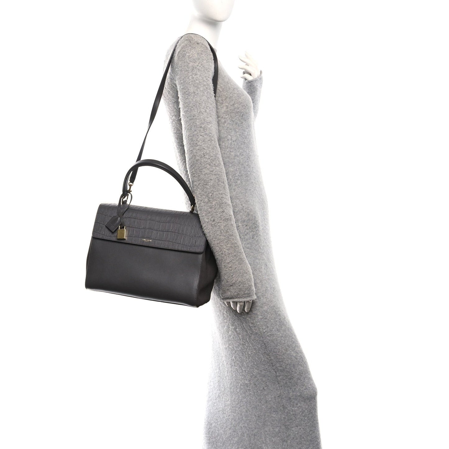 Calfskin Crocodile Embossed Medium Moujik Top Handle Bag Fog