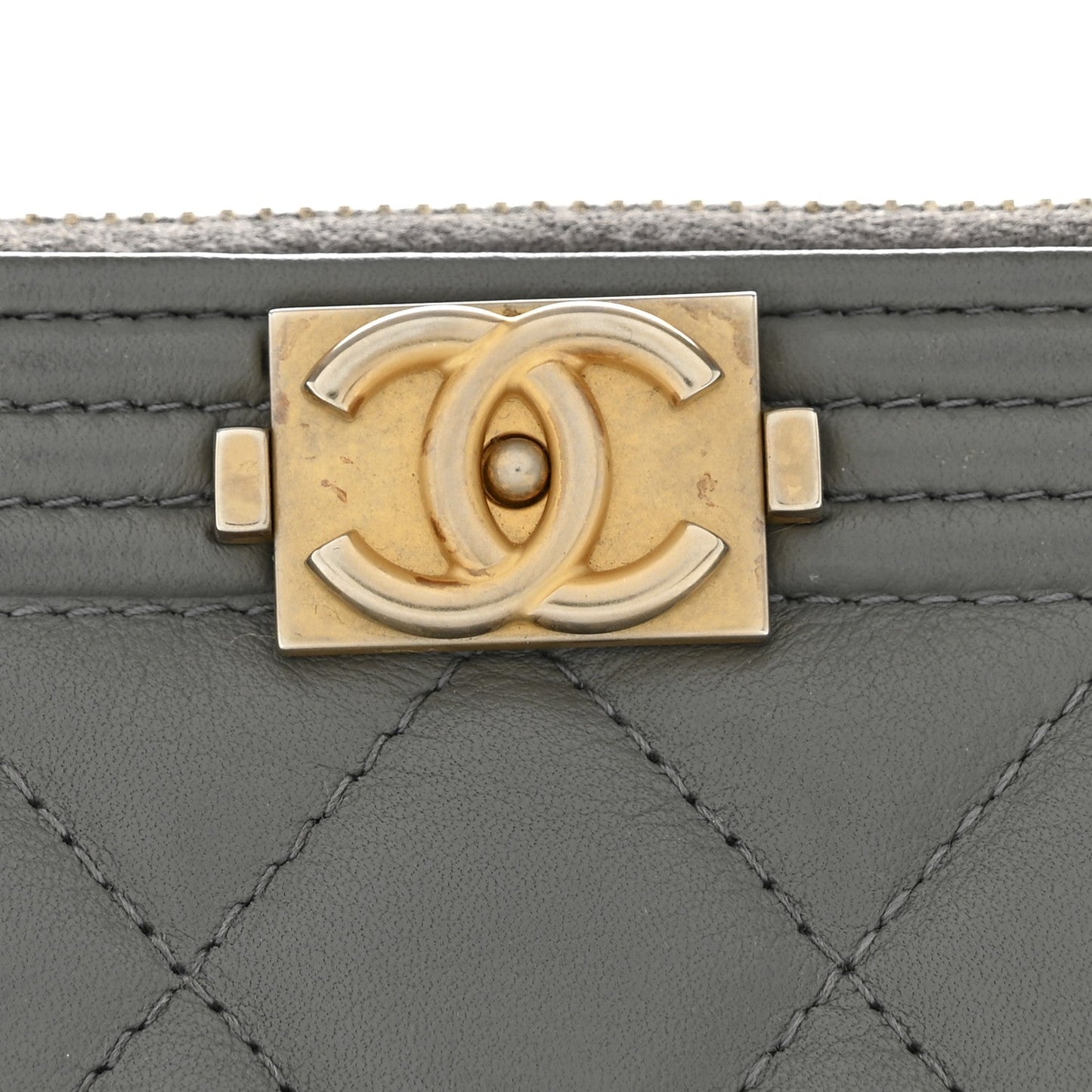 Lambskin Quilted Large Boy Zip Pouch Grey