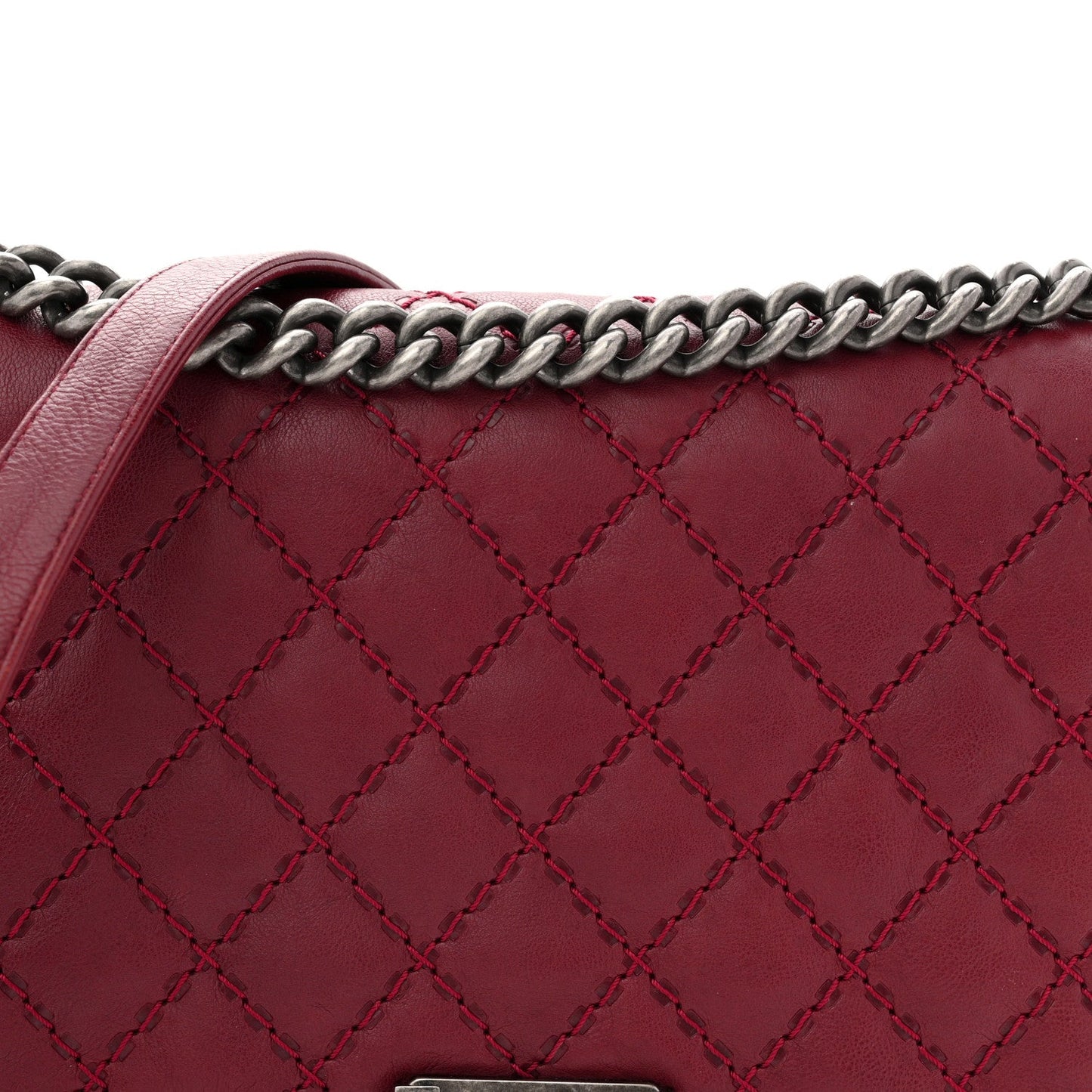 Calfskin Quilted Double Stitch New Medium Boy Flap Burgundy