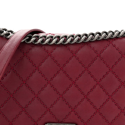 Calfskin Quilted Double Stitch New Medium Boy Flap Burgundy