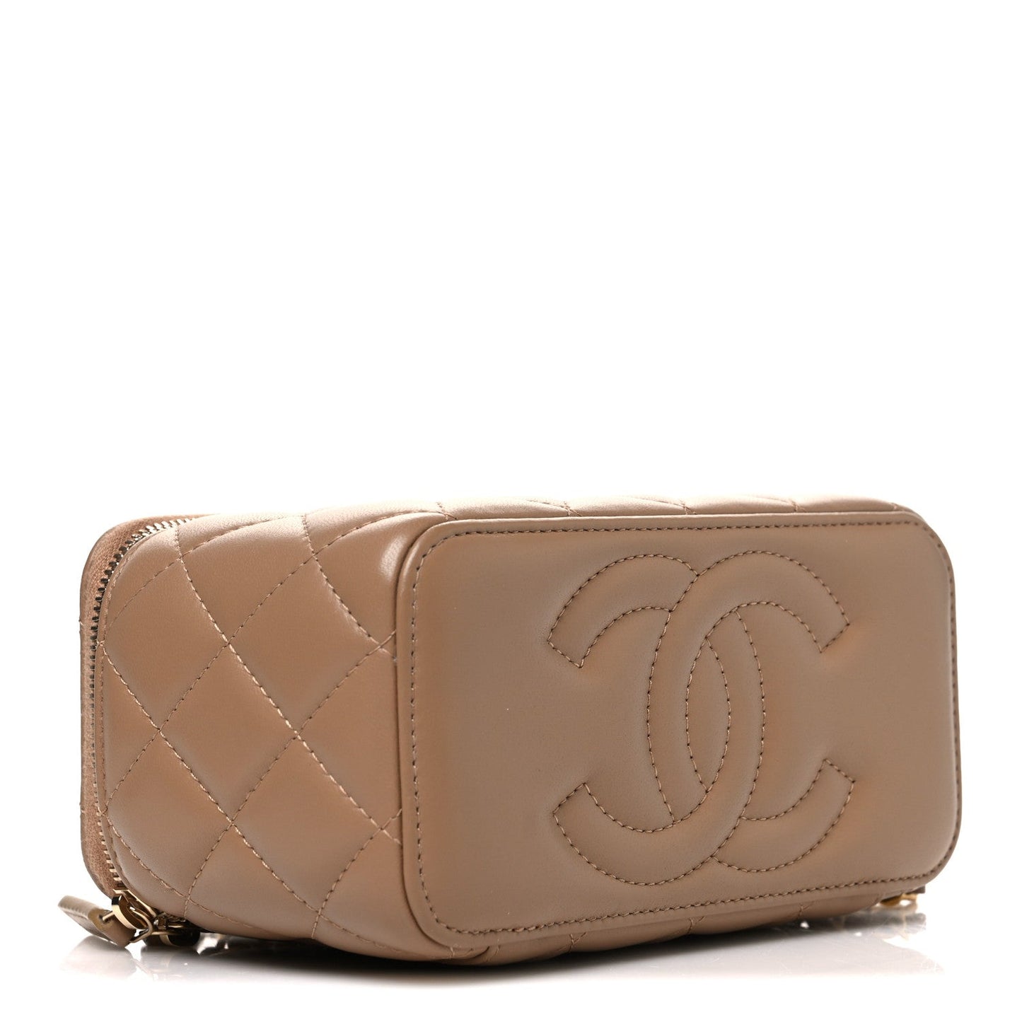Lambskin Quilted Pearl Crush Small Vanity Case With Chain Beige