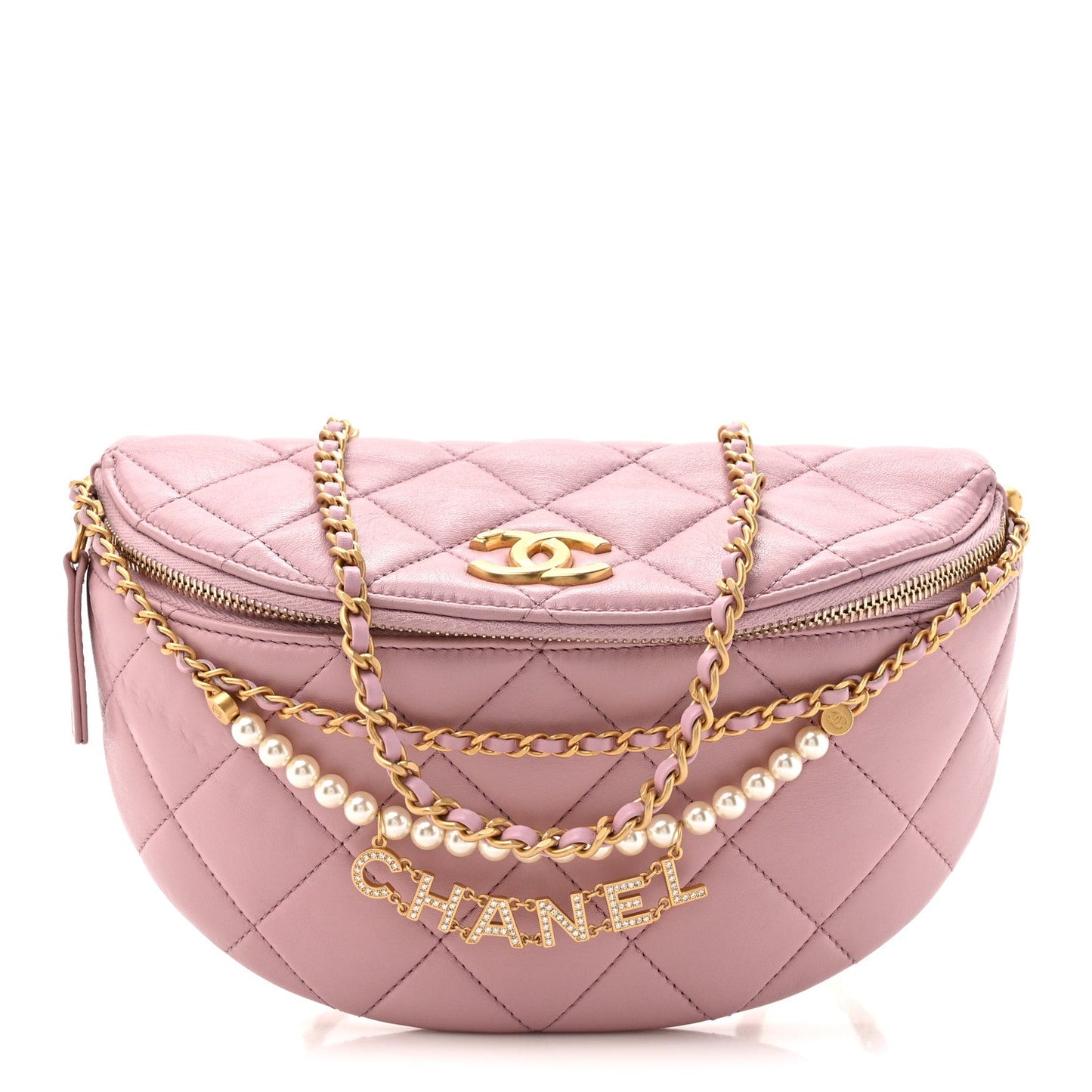 Shiny Lambskin Quilted Pearl Logo Waist Bag Light Pink