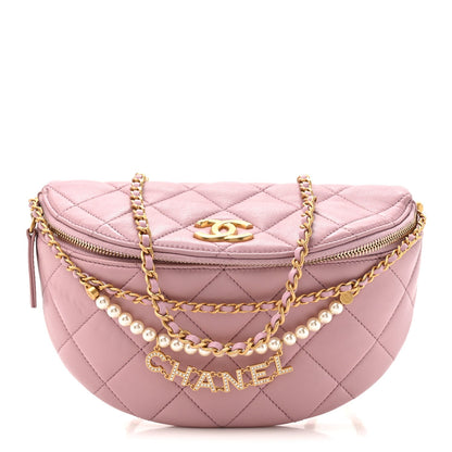Shiny Lambskin Quilted Pearl Logo Waist Bag Light Pink