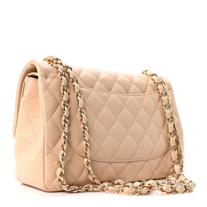 Lambskin Quilted Jumbo Double Flap Beige