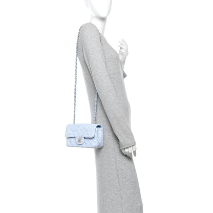 Tweed Quilted Mini Rectangular Flap Blue White Silver