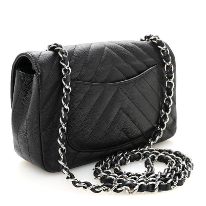 Caviar Chevron Quilted Mini Rectangular Flap Black