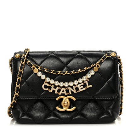 Shiny Lambskin Quilted Mini Pearl Logo Flap Black