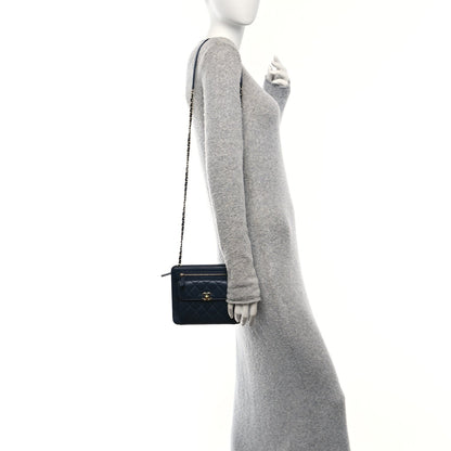 Lambskin Quilted Square Front Pocket Clutch With Chain Navy Blue