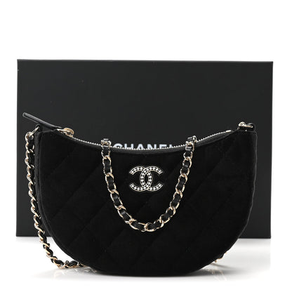 Velvet Crystal Quilted Chain Hobo Black