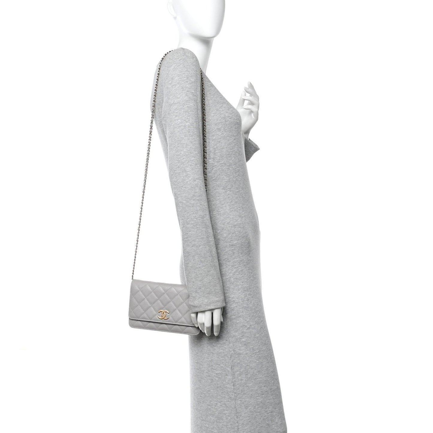 Caviar Quilted Studded CC Wallet On Chain WOC Grey
