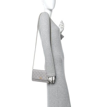 Caviar Quilted Studded CC Wallet On Chain WOC Grey