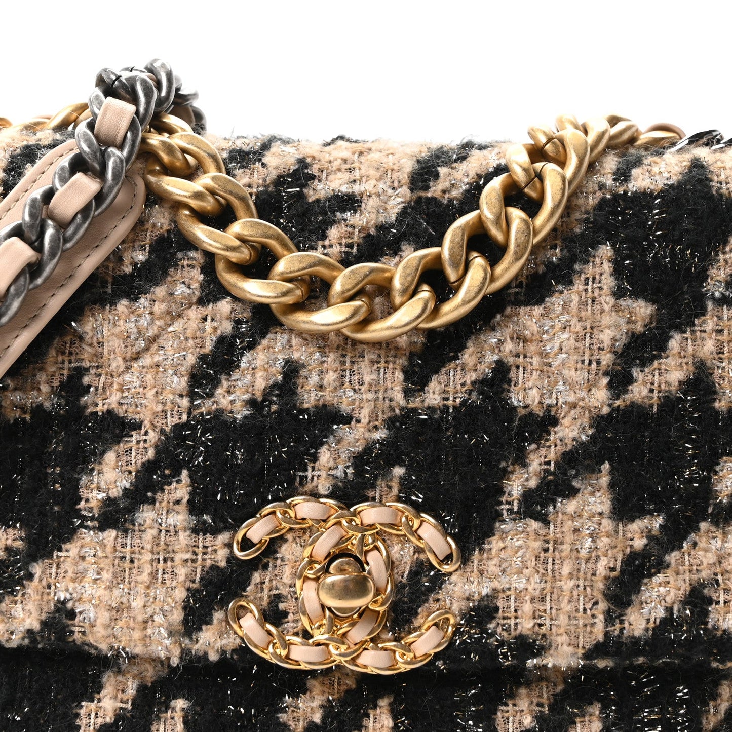 Tweed Houndstooth Quilted Medium Chanel 19 Flap Beige Black