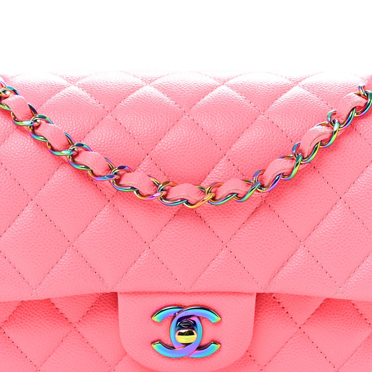 Caviar Quilted Rainbow Medium Double Flap Coral Pink